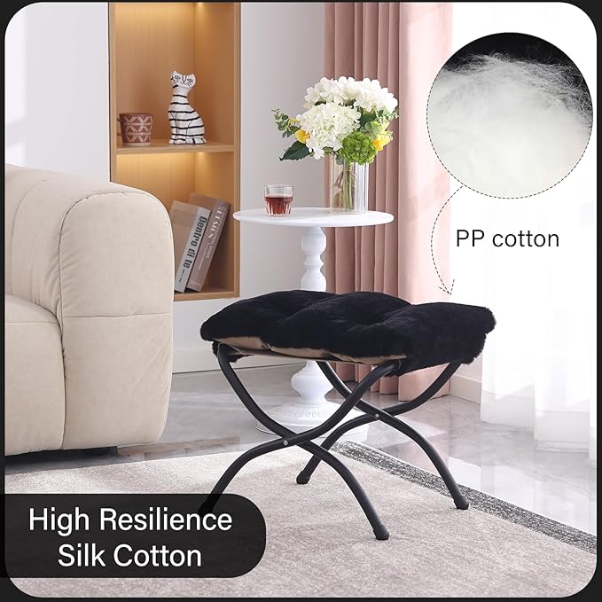 LITA Folding Upholstered Footrest Stool, Modern Small Portable Accent Ottoman with Detachable Thick Cotton Cushion Padded Sofa Stool with Metal Frame for Lazy Chair, Living Room & Bedroom, Plush Black-DeskLoop Office