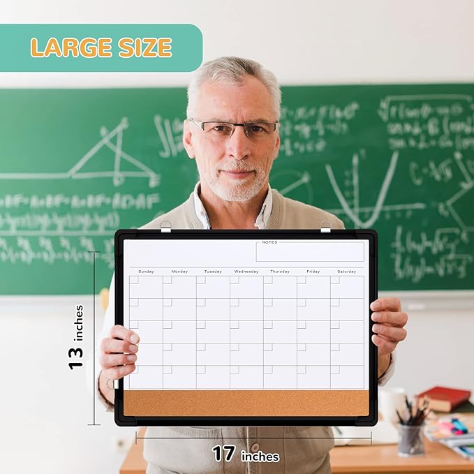 Monthly Calendar Whiteboard Dry Erase Cork Board Combination for Wall, 17x13 Magnetic Dry Erase Board, Double-Sided White Board, Portable Board for Office, Planning, Memo, School, Home (Black)-DeskLoop Office