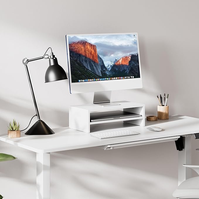FITUEYES Monitor Stand - 2 Tier Computer Monitor Riser Shelf, Wood Desktop Stand for Laptop Computer Screen, Desk Organization, Office Supplies-DeskLoop Office