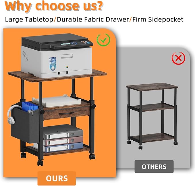 Large Printer Stand with Storage Drawer and Side Bag, 3-Tier Height Adjustable Table for Home Office, Fits Heat Press/Laser/3D Printer (Rustic Brown)-DeskLoop Office