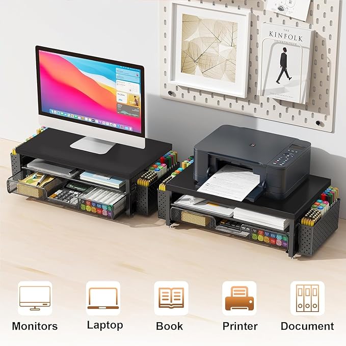 gianotter Wood Monitor Stand Riser, Office Desk Shelf Organizer, Desk Organizer with Drawer and Pen Holder, 2-Tier Computer Stand, Office Organization (Ink)-DeskLoop Office