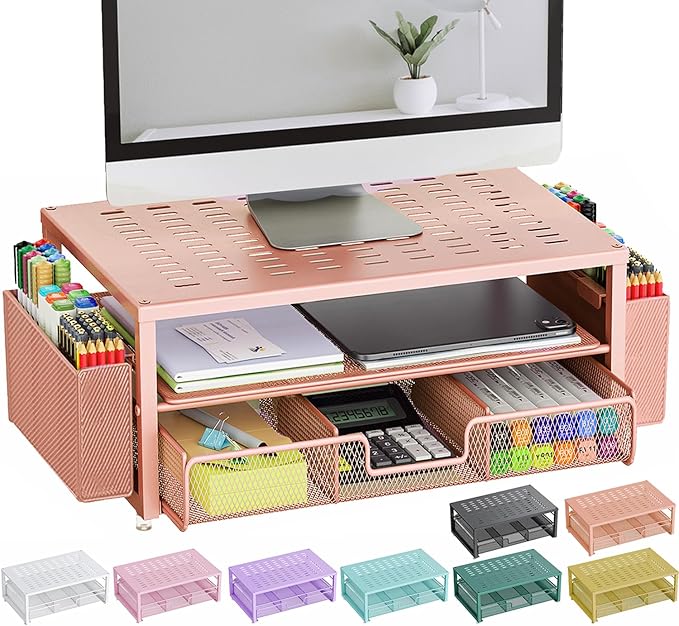 gianotter Desk Organizers and Accessories, Monitor Stand with Drawer and 2 Pen Holder, Desktop Organizer Suitable for Offices and Dormitories (Rose Gold)-DeskLoop Office