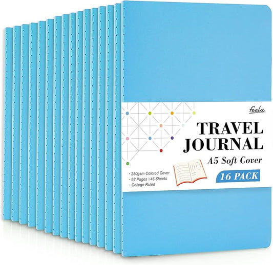 feela 16 Pack Soft Cover Journal Bulk, Lined Notebooks College Ruled for Work for Women Girl Writing, Blank Travel Journal Note Taking Notebook School Business Supplies, 8.2” x 5.5”, A5, Blue-DeskLoop Office