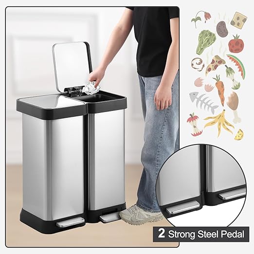 16 Gallon Dual Compartment Trash Can, 2 x 30L Fingerprint Resistant Stainless Steel Kitchen Garbage Can with 2 Soft-Close Lid & Foot Pedal for Kitchen Office Bathroom, Without Inner Bucket-DeskLoop Office