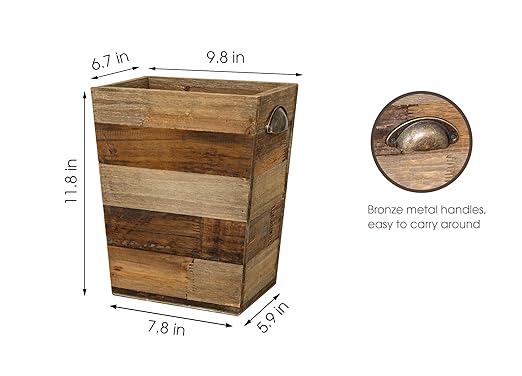 Small Wood Trash Can, Farmhouse Rectangular Garbage Can Waste Basket, Rustic Distressed Reclaimed Wood Wastebasket, Vintage Wooden Trash Recycling Bin Storage Basket with Metal Handles (Natural)-DeskLoop Office