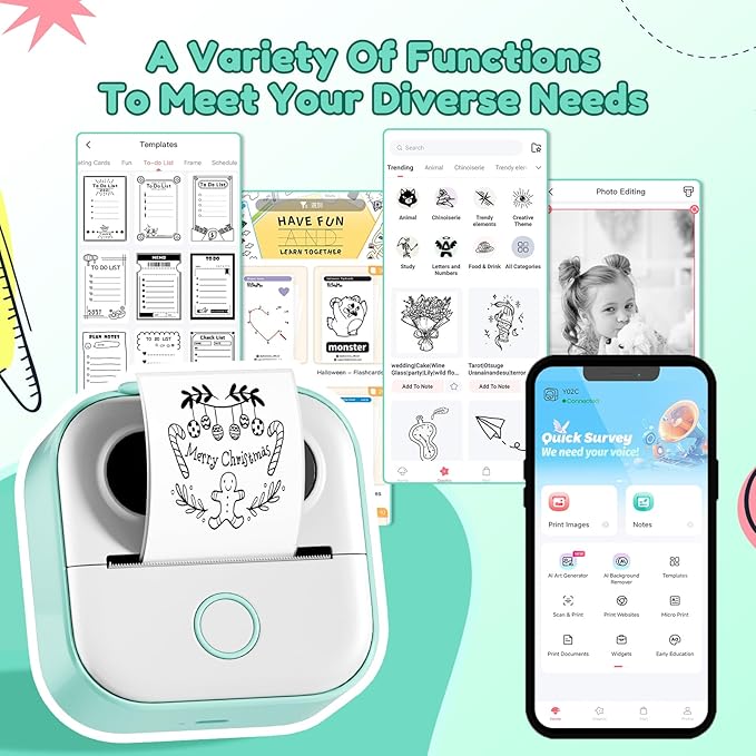 Sticker Printer Y02C, Portable Mini Sticker Maker Y02C, Mini Printer Sticker Machine with 1 Roll Paper, Bluetooth Thermal Portable Inkless Receipt Machine for Learning, Note, Photos, Journal-DeskLoop Office