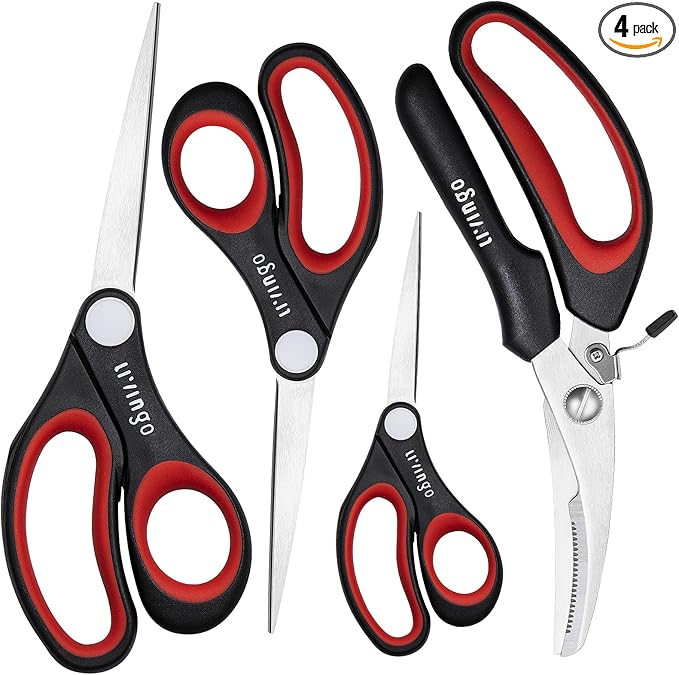 LIVINGO All Purpose Scissors Set - 4 Pack Sharp Multipurpose Heavy Duty Shears for Kitchen Cooking Sewing Fabric Cutting Poultry Food Paper Craft Office Household School Multi Pack Utility Shears-DeskLoop Office