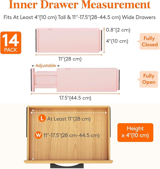 Lifewit 14 Pack Drawer Dividers 4" High, 11-17" Adjustable Drawer Organizers for Clothes, Expandable Dresser Separators in Bedroom/Bathroom/Kitchen/Fridge/Office Organization and Storage, Pink-DeskLoop Office