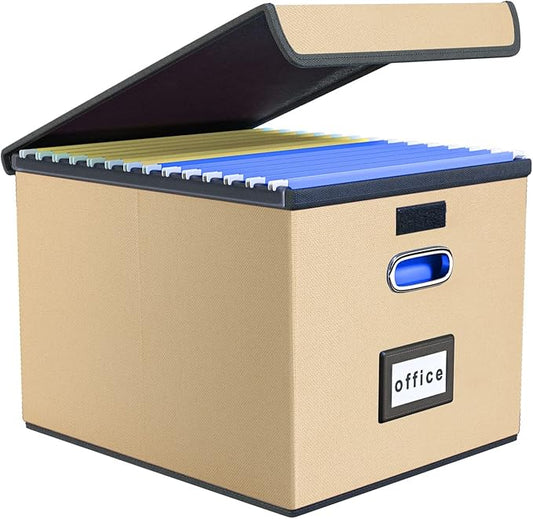 Huolewa File Organizer Box with Lid, Collapsible File Folder Organizer for Office Document Storage, Filing Box with Plastic Slide for Letter/Legal Size Hanging Files (Brown)-DeskLoop Office