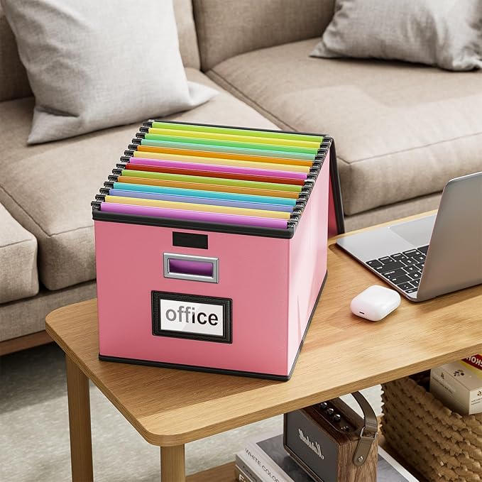 Huolewa File Organizer Box with Lid, Collapsible Leather File Folder Organizer for Office Document Storage, Filing Box with Plastic Slide for Letter/Legal Size Hanging Files, Pink-DeskLoop Office