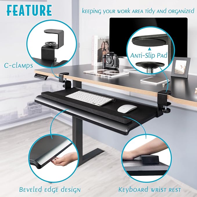 EHO Large Ergonomic C-Clamp Keyboard Tray Mount Under Desk with Wrist Rest, Slide-Out Platform 27.5" (31.8" Including Clamps) x 12.5", Pull Out Keyboard & Mouse Tray for Home or Office, Black-DeskLoop Office