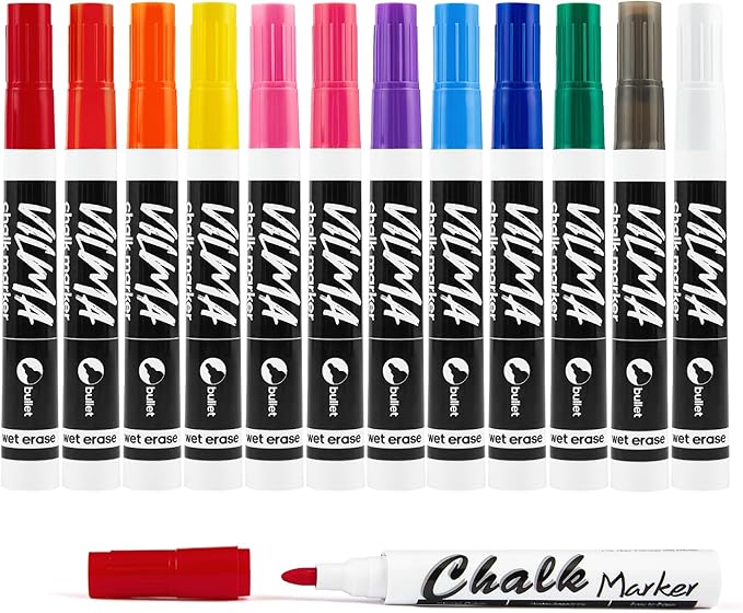 VILMA Liquid Chalk Markers Window Marker for Cars Glass pens Wet Erase Marker Washable Blackboard Pen for Car Window, Mirrors,Signs,Crafts, 2MM Tip 12 Pack,12 Colors-DeskLoop Office