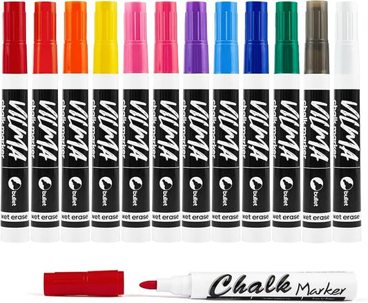 VILMA Liquid Chalk Markers Window Marker for Cars Glass pens Wet Erase Marker Washable Blackboard Pen for Car Window, Mirrors,Signs,Crafts, 2MM Tip 12 Pack,12 Colors-DeskLoop Office