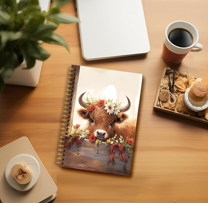 Floral Highland Cow Notebook - Western Cow Notebook, Highland Cow Office Supplies, Highland Cow Gifts, Cow Lover Gifts, Cute Cow Stuff, Farmhouse Highland Cow Spiral Notebook 5.5x8.3-DeskLoop Office