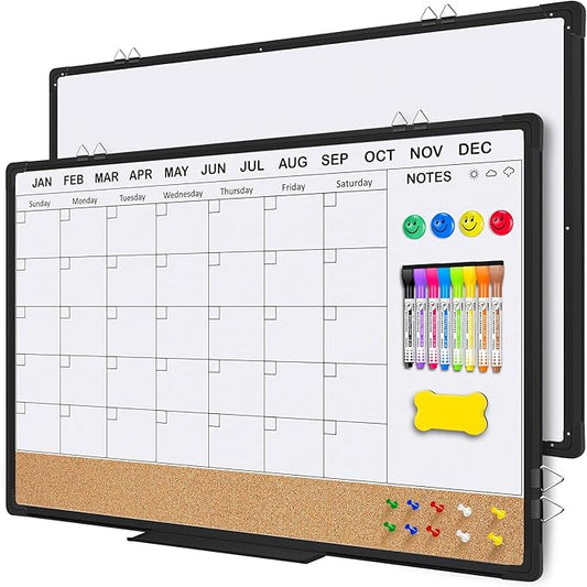 EAONE 36x24 in Double Side Whiteboard Calendar & Cork Board Combo for Wall, 3 in 1 Magnetic Dry Erase Whiteboard Monthly Calendar and Bulletin Board with Aluminum Frame for Home Office Kitchen-DeskLoop Office