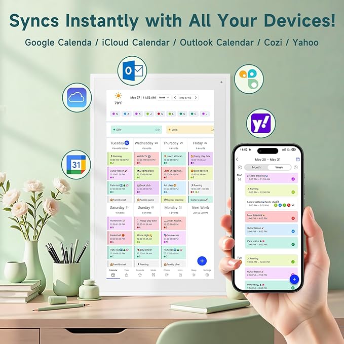 21.5 Inch Smart Digital Calendar β Electronic Chore Chart & Planner with 1920x1080P IPS Touchscreen, Weekly/Monthly Family Organizer for Wall or Desk, White 2025 New Version-DeskLoop Office