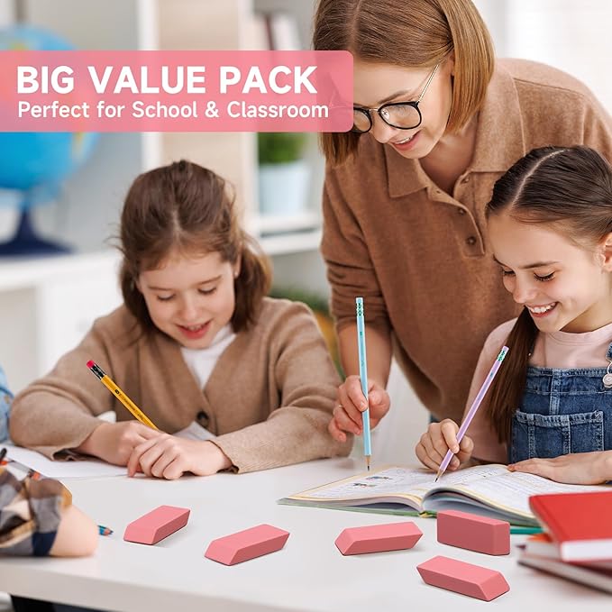 72 Pack Pink Erasers Bulk, Large Pencil Erasers for School, Classroom, Teacher, Homeschool, and Office Supplies-DeskLoop Office