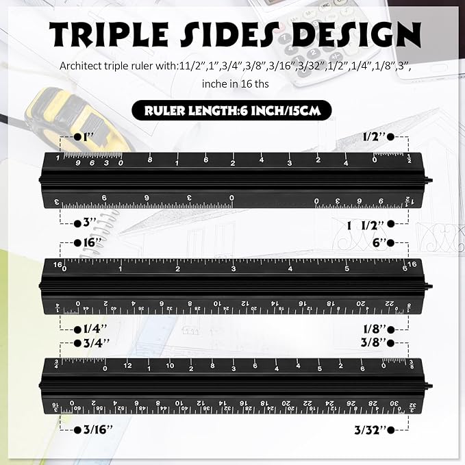 Fumete 12 Pack 6 Inch Architectural Engineering Scale Rulers Small Scale Ruler Pocket Size Scale Ruler Construction Rulers Imperial Measurements for Architects Engineering, Draftsman Drawing(Black)-DeskLoop Office