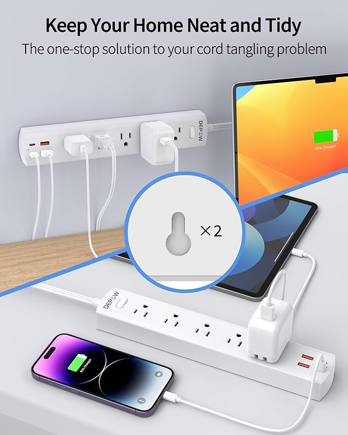 Power Strip Surge Protector with 5 AC Outlets(1875W/15A) 4 USB Ports (2 USB C), 5 Ft Ultra Thin Extension Cord, Low Profile Flat Plug, 1700 Joules, Wall Mount for Home Office, White-DeskLoop Office