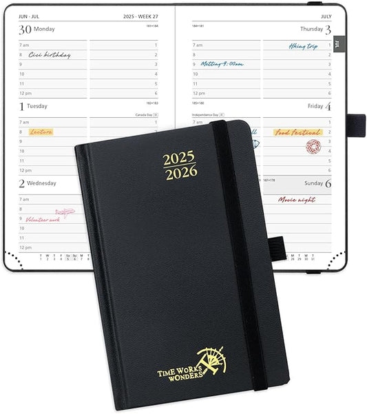 POPRUN Pocket Planner 2025-2026, (Purse Size 4''x 6.25'' Hard Cover) Academic Year Calendar Daily Weekly and Monthly (July 25-June 26) with Hourly Time Slots, 100 GSM Paper - Black-DeskLoop Office