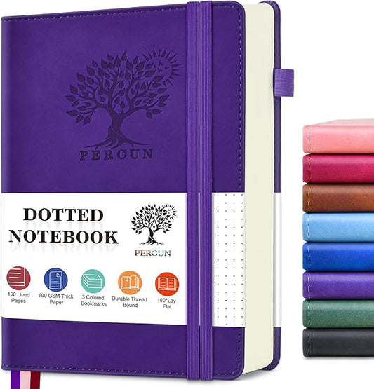 PERCUN Dotted Journal Notebook for Men & Women, 160 Pages Dot Grid notebook for Note Taking, Bullet Journaling Notebook for Work, School, Travel, Writing, A5 Hardcover 5.9" x 8.5"(Purple)-DeskLoop Office