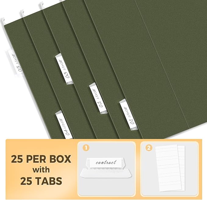 SUNEE Hanging File Folders, 25 Pack Reinforced Hang Folders Letter Size, Adjustable 1/5-Cut Tabs, Designed for Bulky Files, Filing Cabinet, Standard Green-DeskLoop Office