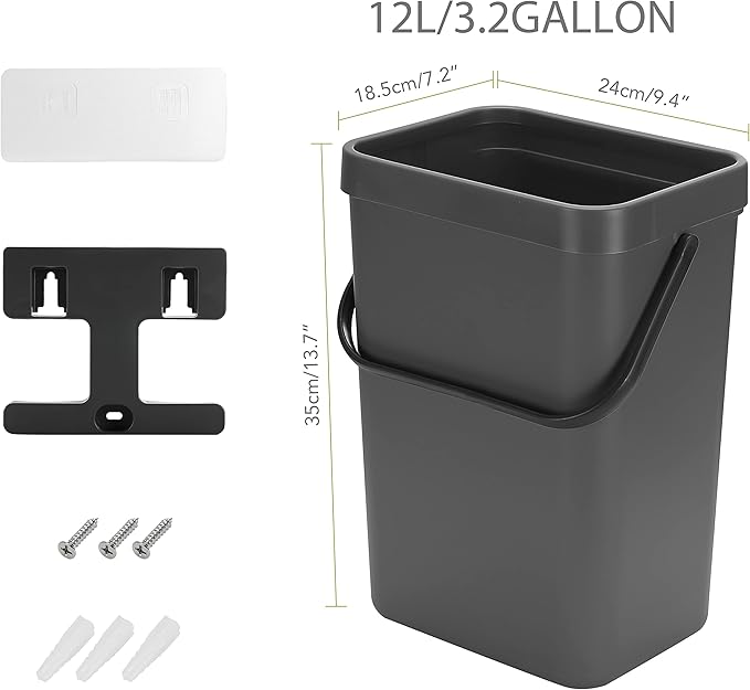 stonespace Under Sink Trash Can,Kitchen Compost Bin, Diaper Pail, 3.2 Gallon/12L Hanging Garbage Can for Baby Crib/Bathroom/Cupboard, Plastic Food Waste Bin,1 Pack Black-DeskLoop Office