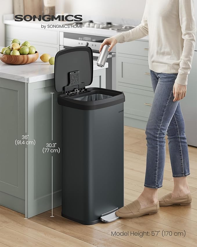 SONGMICS Kitchen Trash Can, 18-Gallon Stainless Steel Garbage Can, with Stay-Open Lid and Step-on Pedal, Soft Closure, Tall, Large and Space-Saving, Charcoal Gray and Black ULTB520G01-DeskLoop Office