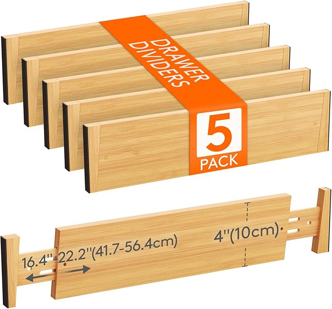 Lifewit 16-22" L x 4" H Drawer Dividers Bamboo 5 Pack, Adjustable Drawer Organizers for Clothes, Expandable Dresser Separators in Bedroom/Bathroom/Kitchen/Fridge/Office Organization and Storage-DeskLoop Office