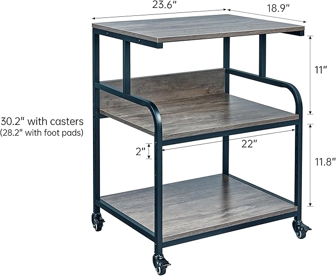 Large Printer Stand Table 23.6 x18.9 x 30 Inches with Height Adjustable Storage Shelf, 3 Tier Rolling Printer Cart with Wheels for Home Office, Gray-DeskLoop Office