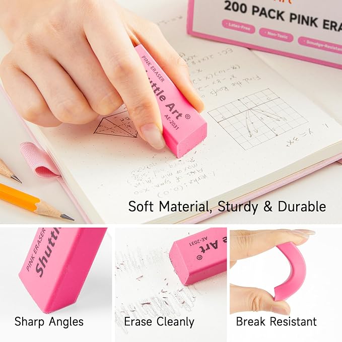 Shuttle Art Pink Erasers, 200 Pack Bulk for School, Office, Latex-Free Soft Erasers for Kids, Teachers as School Supplies-DeskLoop Office