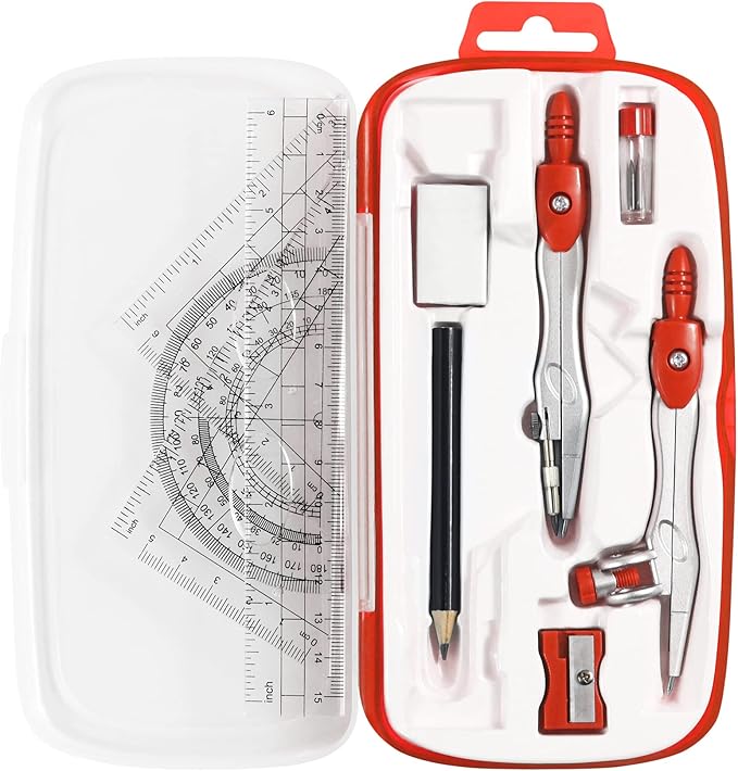 Math Geometry Kit Sets 10 Piece Student Supplies with Shatterproof Storage Box,Includes Rulers,Protractor,Compass,Eraser,Pencil Sharpener,Lead Refills,Pencil,for Drafting and Drawings(Red)