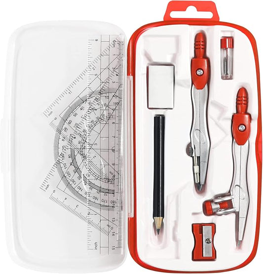 Math Geometry Kit Sets 10 Piece Student Supplies with Shatterproof Storage Box,Includes Rulers,Protractor,Compass,Eraser,Pencil Sharpener,Lead Refills,Pencil,for Drafting and Drawings(Red)-DeskLoop Office