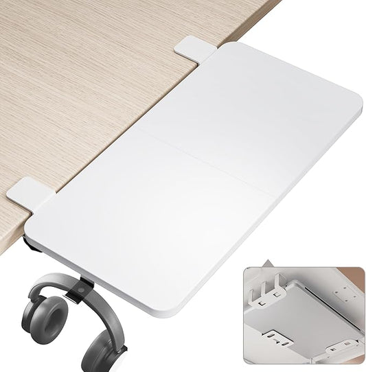 Desk Extender Tray, 24" x 12" Clamp On Shelf, Desk Extension with Laptop Holder, Table Arm Rest, Clamp On Keyboard Tray for Office and Home, Workstation Organizer, Medium, White-DeskLoop Office