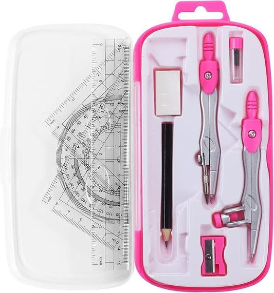 Math Geometry Kit Sets 10 Piece Student Supplies with Shatterproof Storage Box,Includes Rulers,Protractor,Compass,Eraser,Pencil Sharpener,Lead Refills,Pencil,for Drafting and Drawings(Pink)-DeskLoop Office