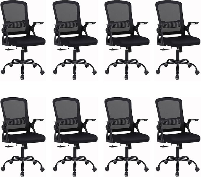 Office Chair, Ergonomic Desk Chair with Lumbar Support, Breathable Mesh Chair with Flip-up Armrests and Mid Back, Comfy Task Computer Height Adjustable Swivel Chair (8, Black)-DeskLoop Office