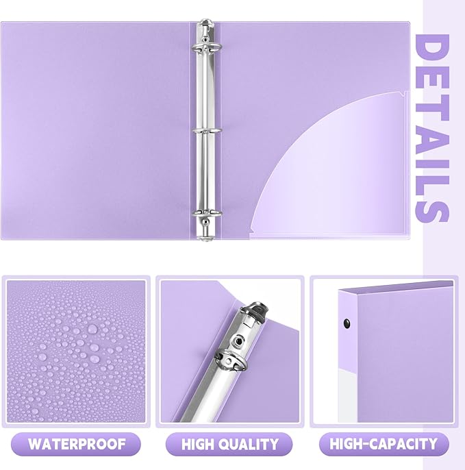 Henoyso 16 Pcs 3 Ring Binder 1/2'' Round Fits Letter Size 8. 5'' x 11'' Paper Plastic Flexible Binder Holds 100 Sheets with 1 Pockets Versatile Organizer for Office Home School (Light Purple)-DeskLoop Office