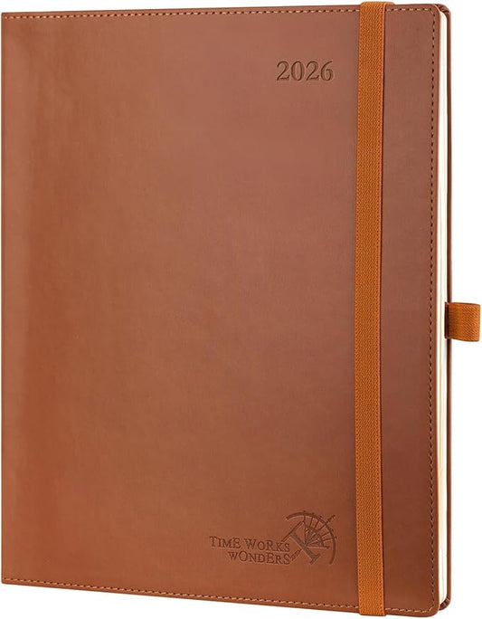 POPRUN 2026 Planner (Large - 8.5'' x 10.5'') - 2026 Weekly Calendar (Jan. 2026 - Dec. 2026) with Hourly Time Slots, Weekly/Monthly Appointment Book for Time Management - Leather Soft Cover - Brown-DeskLoop Office