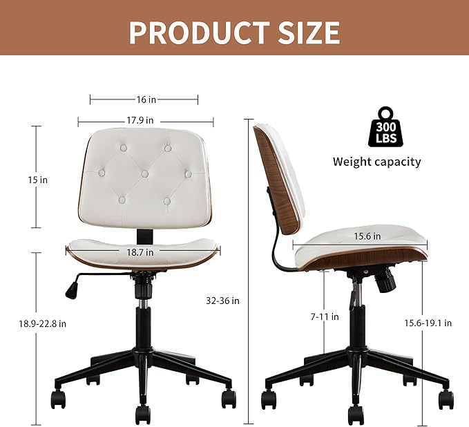 Small Home Office Chair – Adjustable Height, Armless PU Leather Mid-Back Desk Chair with Swivel Wheels, Walnut Finish, Perfect for Study or Bedroom, White-DeskLoop Office
