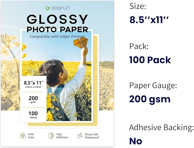 Glossy Photo Paper 8.5x11 Inch, Goefun 200GSM/54LB Inkjet Printer Paper for Dye Ink,100 Sheets-DeskLoop Office