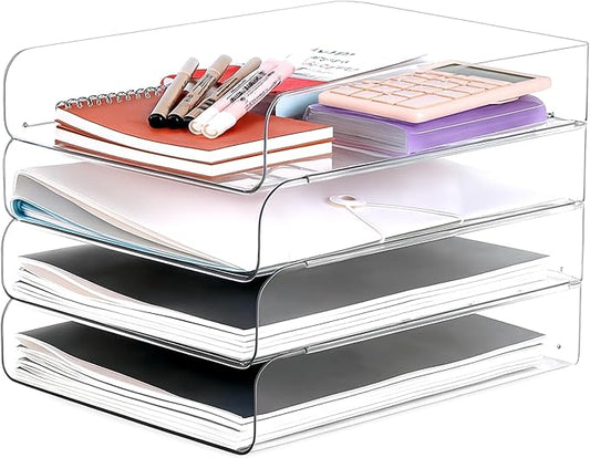 Set of 4 Office Organization and Storage, Clear PET Letter Tray Desk Organizer, Stackable Document and File Paper Organizer for Office Supplies-DeskLoop Office