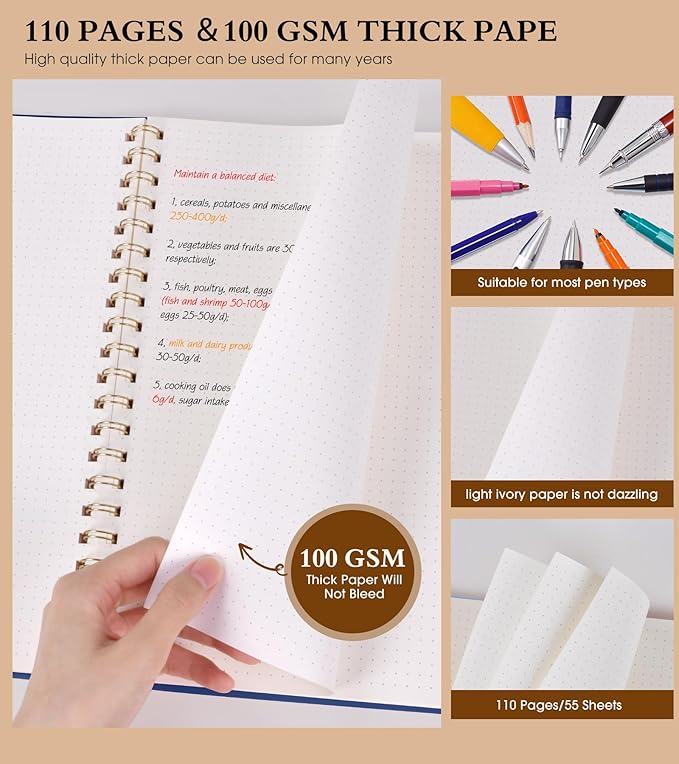 Dotted Notebook, Spiral Notebook Journal 8.5” x 11”, A4 Large Dot Grid Notebooks for Women Men, 100 GSM Dotted Paper, Plastic Hardcover Spiral Bullet Journals for Work School Sketching, Navy-DeskLoop Office