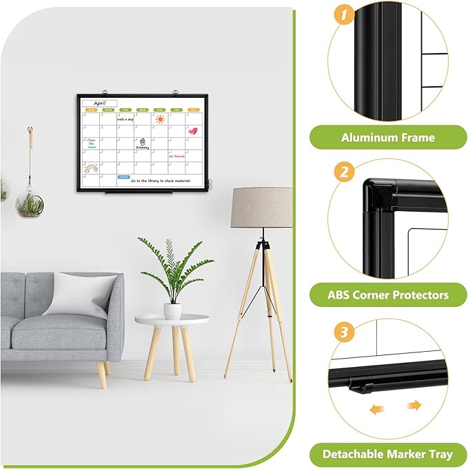 Dry Erase Calendar Whiteboard for Wall, 24" x 18" Magnetic Monthly White Board Calendar with Black Aluminum Frame, Double-Sided Hanging Dry Erase Board for Office, Home, School-DeskLoop Office