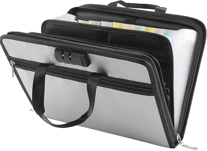 Accordion File Organizer with Lock, Fireproof, Letter/A4-Size Expanding File Folder with Tabs, 13 Pockets Important Document Organizer with Handle, Portable Paperwork Business Organizer, Silver-DeskLoop Office