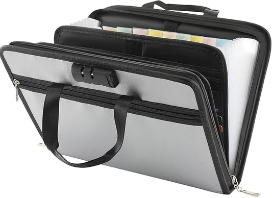 Accordion File Organizer with Lock, Fireproof, Letter/A4-Size Expanding File Folder with Tabs, 13 Pockets Important Document Organizer with Handle, Portable Paperwork Business Organizer, Silver-DeskLoop Office