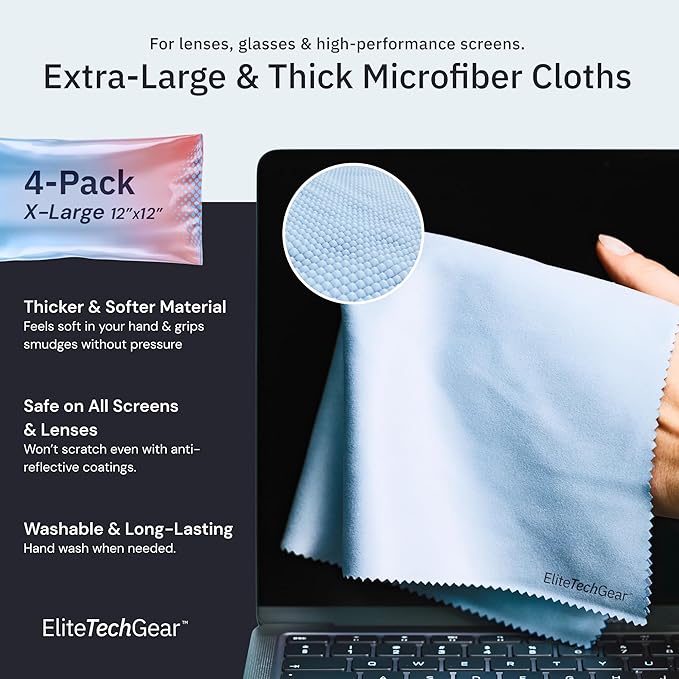 Elite Tech Gear 4-Pack Microfiber Cloth Set - 12"x12" Oversized Washable & Durable Wipes for Glasses, Lenses, Electronics & Screens - Glasses Cleaner Cloth-DeskLoop Office