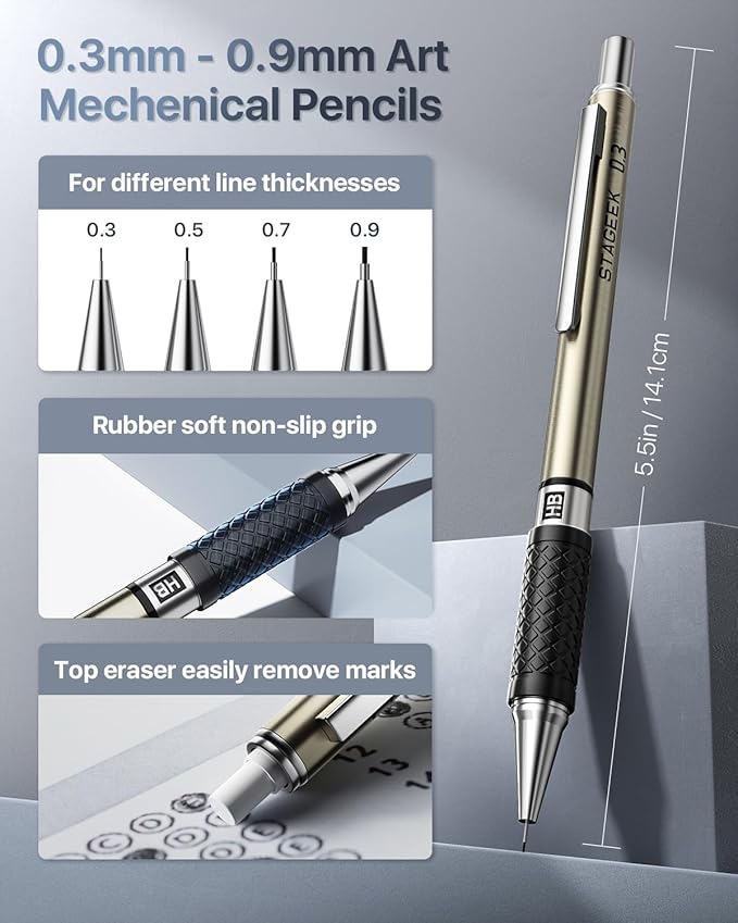 37PCS Art Mechanical Pencil Set, Drafting Pencil 5 Sizes- 0.3, 0.5, 0.7, 0.9MM & 2PCS 2.0MM Mechanical Drawing Pencils with 492PCS Leads (6B 4B 2B HB 2H 4H Color) for Artist Sketching Drawing-DeskLoop Office