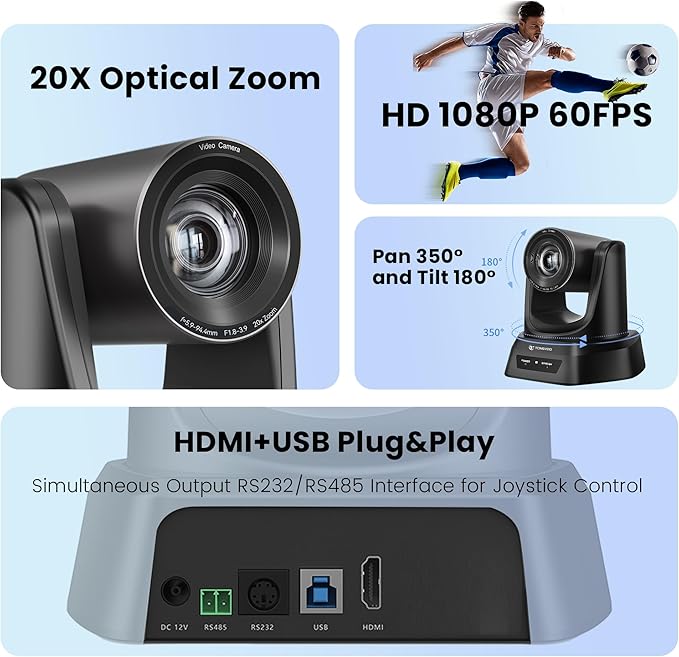 Conference Room PTZ Camera System with 20X Optical Zoom | 1080P 60fps HDMI USB Webcam for Church Streaming Online Video Conference| Compatible with Zoom, OBS | Easy Setup-DeskLoop Office