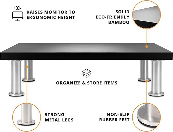 The Original Bamboo Monitor Stand (As Seen On PBS) - Monitor Riser for Computer Screen or Laptop - Desk Shelf Adds Storage Space and Improves Ergonomics - Black-DeskLoop Office