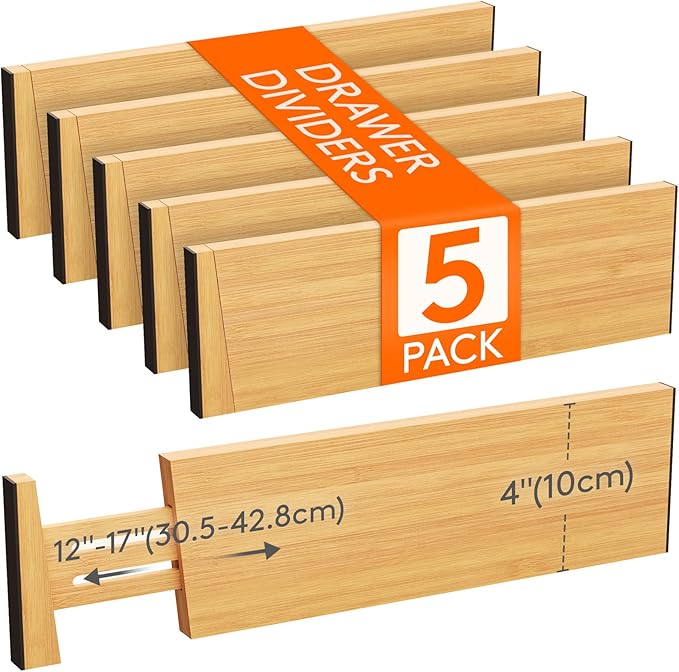 Lifewit 5 Pack Drawer Dividers Bamboo 4" High, 12-17" Adjustable Drawer Organizers for Clothes, Expandable Dresser Separators in Bedroom/Bathroom/Kitchen/Fridge/Office Organization and Storage-DeskLoop Office
